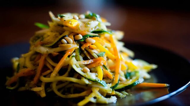 Vibrant Close up of Healthy Zucchini and Carrot Spiralized Salad with Pine Nuts and Pesto.