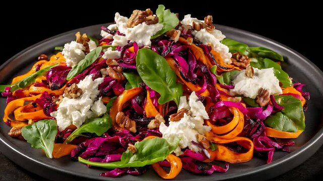 Vibrant Gourmet Salad with Fresh Purple Cabbage, Orange Ribbons, Creamy Cheese, and Walnuts.