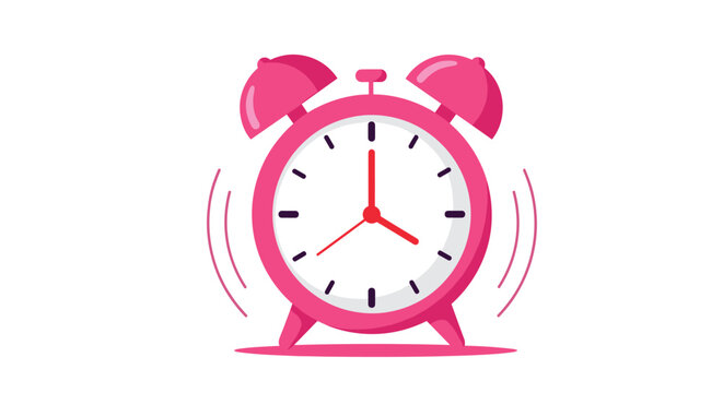 A cute pink alarm clock is ringing loudly to wake you up.
