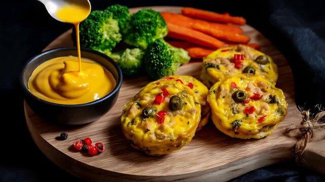 Delicious Savory Egg Muffins with Creamy Cheese Sauce and Fresh Roasted Vegetables.