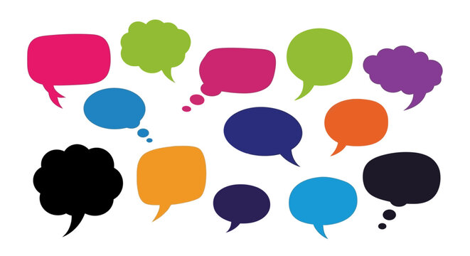 A vibrant collection of diverse speech bubbles in various shapes and colors, isolated on a white background.