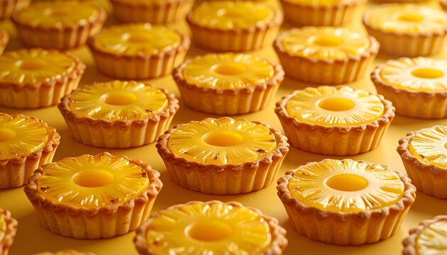 Perfectly uniform pineapple tarts arranged in straight rows, glossy golden surface