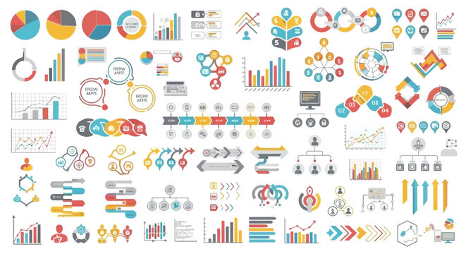 A comprehensive collection of diverse infographic elements, charts, graphs, and data visualization templates for business presentations and reports.