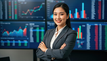 Fototapeta premium Financial Analyst's Confidence: A confident female financial analyst stands before a series of screens displaying financial data, exuding expertise and assurance.