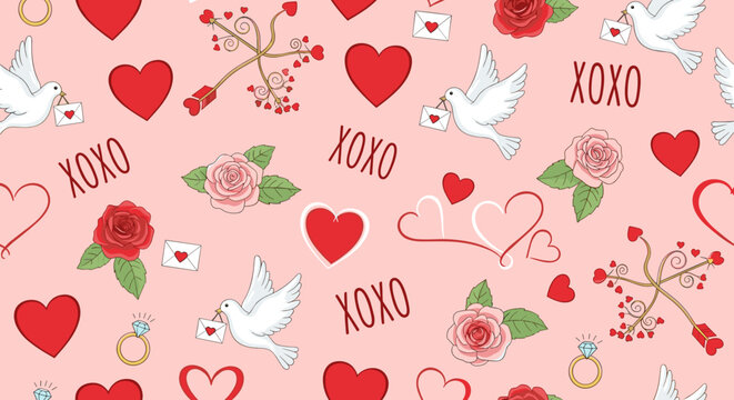 Valentines Day hearts doves flowers pattern.