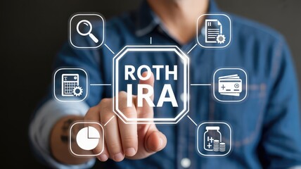 A focused person pointing at a glowing virtual screen displaying Roth IRA and comprehensive financial planning