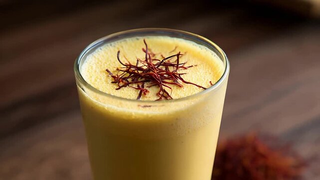 Exotic Golden Saffron Milkshake Beverage in a Glass with Red Threads, Refreshing Drink.