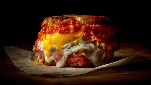 Mouthwatering breakfast sandwich with golden egg yolk, gooey cheese, and spicy tomato sauce on rustic wood.