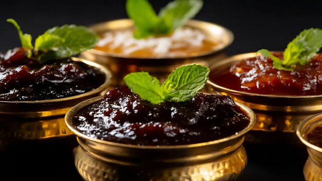 Assortment of vibrant Indian chutneys and sweet preserves in golden bowls, garnished with fresh mint leaves.
