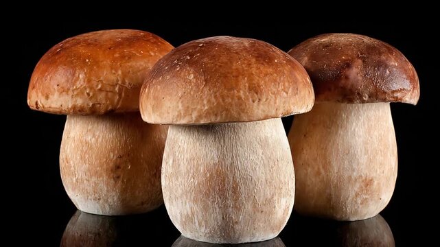 Three Fresh Porcini Mushrooms Beautifully Displayed on a Dark Reflective Surface.