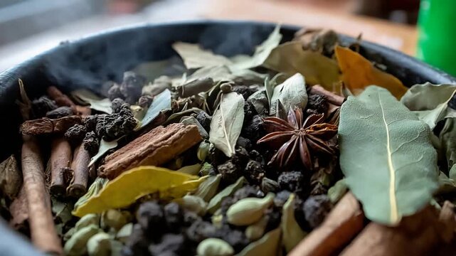 Close Up of Steaming Aromatic Herbs and Spices for Culinary Preparation or Infusion.