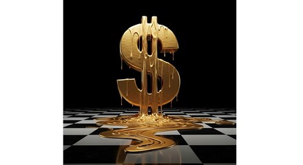 Golden Dollar Sign Drenched in Liquid Gold on Checkered Floor.