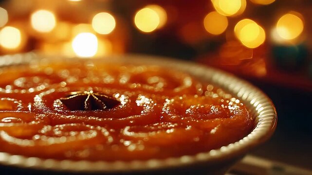 Delicious Golden Dessert Glistening with Syrup and Star Anise Amidst Warm Festive Bokeh Lights.