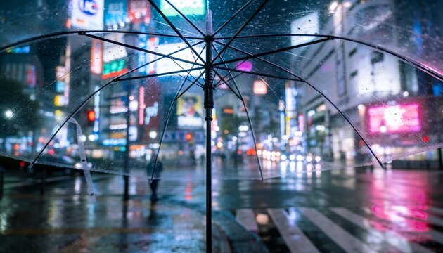 Shibuya Crossing seen through a transparent umbrella on a rainy night with vibrant neon reflections