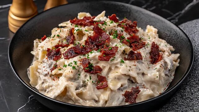 Mouthwatering Creamy Farfalle Pasta Dish Garnished with Golden Crispy Bacon and Parsley.