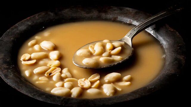 Hearty peanut soup or West African groundnut stew served in a rustic bowl with spoon.