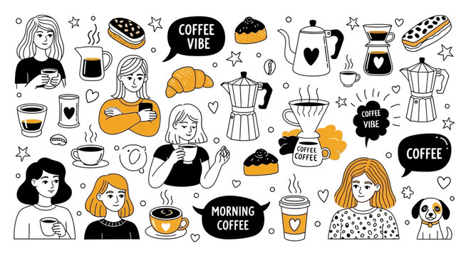 A charming collection of hand-drawn illustrations featuring women enjoying coffee, coffee-making equipment, and sweet pastries, evoking a cozy morning vibe.
