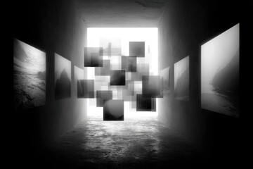 Fototapeta premium Dim monochrome tunnel displays gray-scale landscapes along the walls while translucent pixel squares float toward a bright doorway, creating a modern, mysterious art installation, abstract 3d