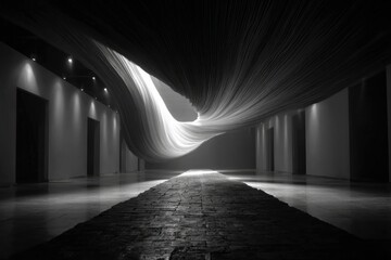 Fototapeta premium Monochrome 3d interior shows a wide corridor lined with arches and a dramatic flowing fiber light installation overhead. The glowing strands create motion, depth and a futuristic, artistic atmosphere