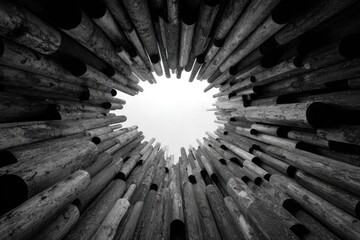 Fototapeta premium A dramatic black-and-white view looks up through a circle of weathered wooden poles, creating a tunnel of lines that converges on a bright opening. Evokes mystery, perspective, and wood sculpture art
