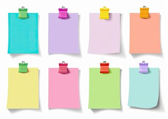 Eight colorful, rectangular sticky notes clipped with small paper holders, white background