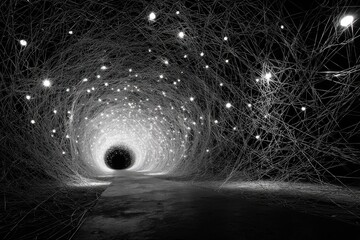 Fototapeta premium A monochrome tunnel of tangled wires and tiny lights spirals toward a dark center, evoking a surreal, futuristic atmosphere and immersive sci‑fi inspiration through light and texture