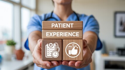 Medical professional displays wooden blocks highlighting patient experience and quality care in a bright clini