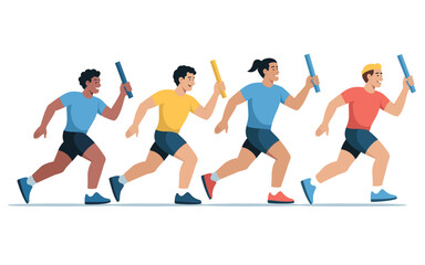 A group of diverse athletes running in a relay race with batons