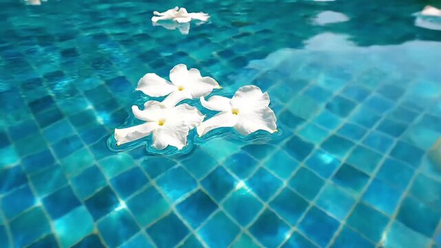 Serene White Flowers Floating Gracefully on a Sparkling Blue Swimming Pool Surface.