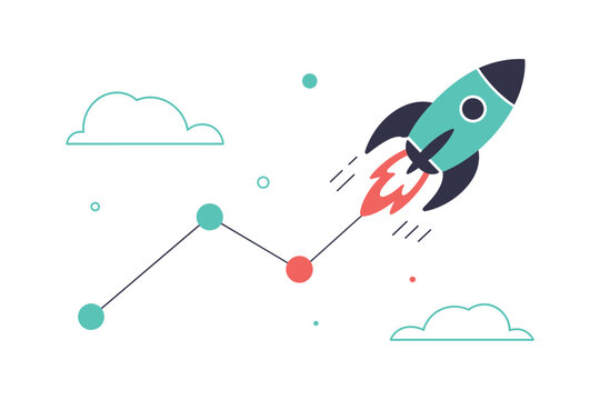 A colorful vector graphic of a rocket ship soaring upwards with a line graph and clouds in the background