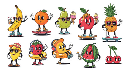 A vibrant collection of anthropomorphic fruits enjoying summer activities, including skateboarding, wearing sunglasses, and holding ice cream.