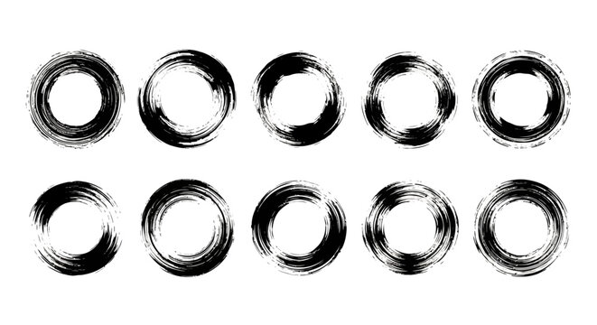 A collection of ten abstract, hand-drawn brush stroke circles in black ink on a white background, representing a variety of imperfect circular shapes.