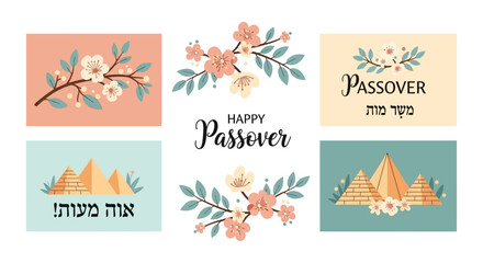 Collection of six Passover greeting cards featuring floral designs and Egyptian pyramids. © Andi