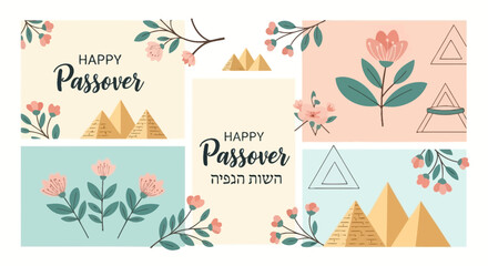 Festive Passover greeting cards featuring pyramids, flowers, and geometric designs in pastel colors. © Andi