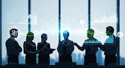 Silhouetted Business Team Analyzing Data in a Modern Office.