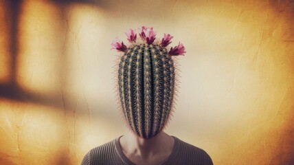 Surreal Cactus Head on Human Body in Desert Landscape
