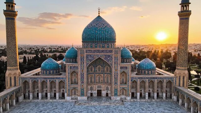 Majestic Islamic Architecture at Sunset in Samarkand Uzbekistan.