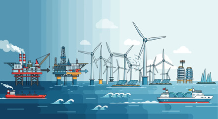 Obraz premium Sustainable offshore energy production with wind turbines and oil rig