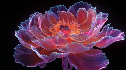 Obraz premium A stunning peony flower radiates vibrant hues of pink and orange, its delicate petals glowing softly against a dark background, creating a mesmerizing visual experience full of beauty