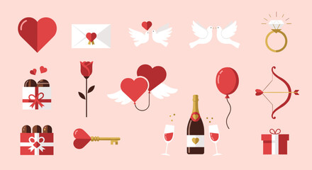 Valentines Day Icons Set with Hearts Roses Gifts.