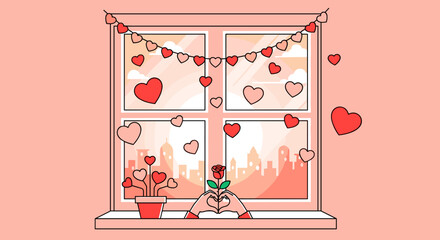 Valentines Day Window Decoration with Hearts.