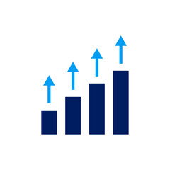 Solid blue bar chart with multiple upward arrows, representing consistent financial growth and business development.