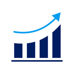 A solid bar chart with increasing columns and a blue upward curving arrow symbolizing financial growth and business success.