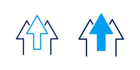 Two house icons with upward arrows, representing real estate market growth, property value increase, and housing development.