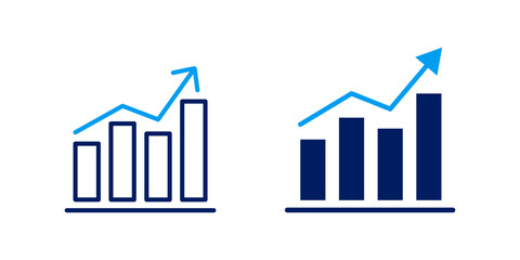 Pair of bar charts, one outlined and one solid, both displaying an upward trend line, signifying financial growth and data comparison.
