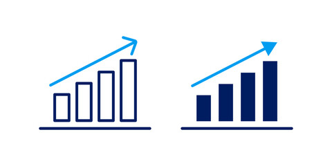 Two blue bar chart icons illustrating financial growth and business progress with an upward trend arrow, representing data visualization and market improvement.