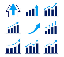 Collection of nine blue filled icons representing diverse financial growth and business progress concepts, including bar charts, line graphs, and upward arrows, for data visualization.