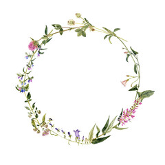 Fototapeta premium watercolor drawing round wreath with wild flowers, plants at white background, hand drawn botanical illustration