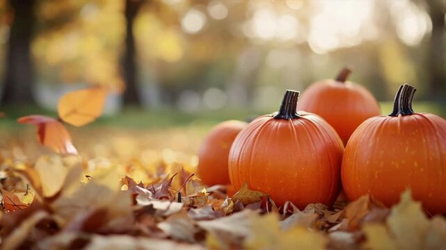 Vibrant orange pumpkins resting on fallen leaves create a beautiful autumn scene in nature's embrace.
