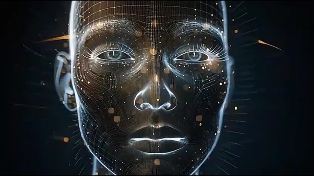 Futuristic digital human face with wireframe and glowing effects.
